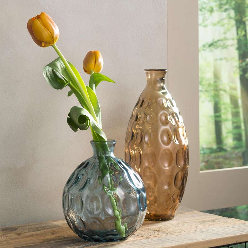 Dune Recycled Dimpled Glass Vases, S/2  (smoky blue/amber)